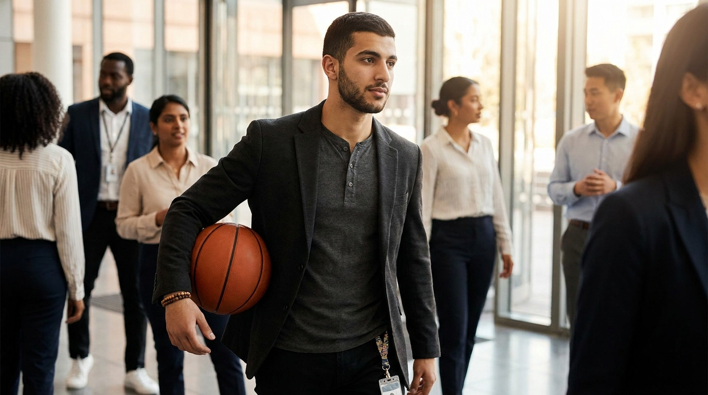 College student in a blazer and clean sneakers walking through a modern glass-walled office lobby on a sunny Monday morn