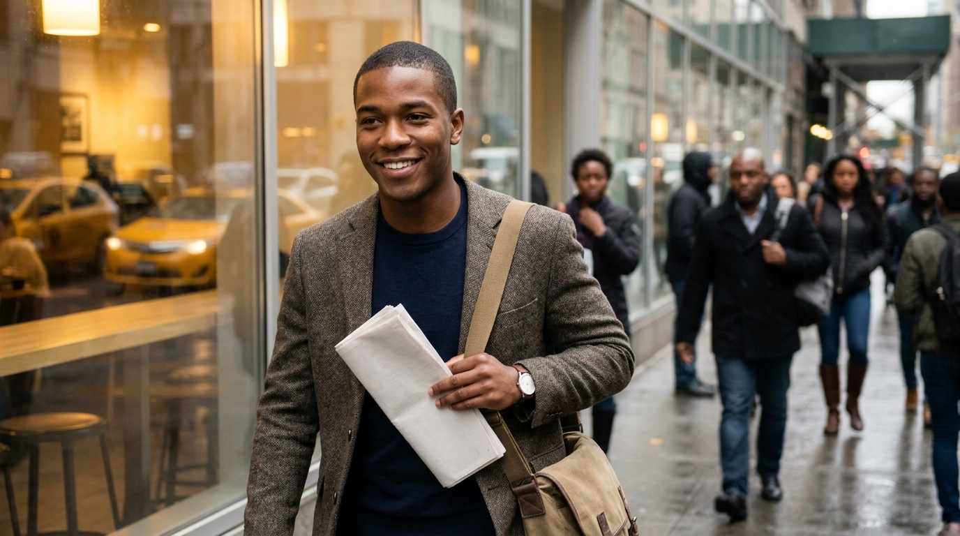 College student in a blazer and messenger bag walking through a busy midtown Manhattan sidewalk on an overcast autumn mo
