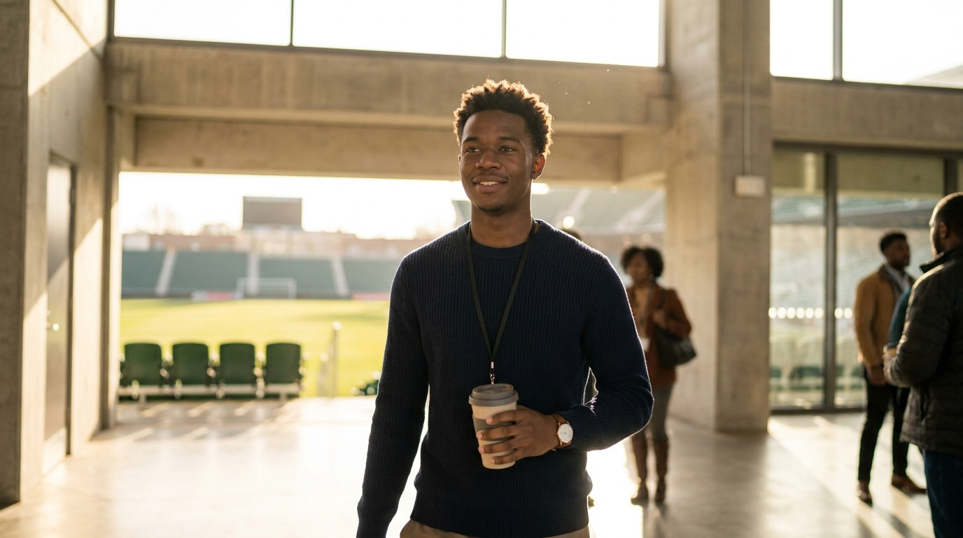 College student in a polo shirt and lanyard walking through a modern stadium concourse on a sunny morning, empty seats a