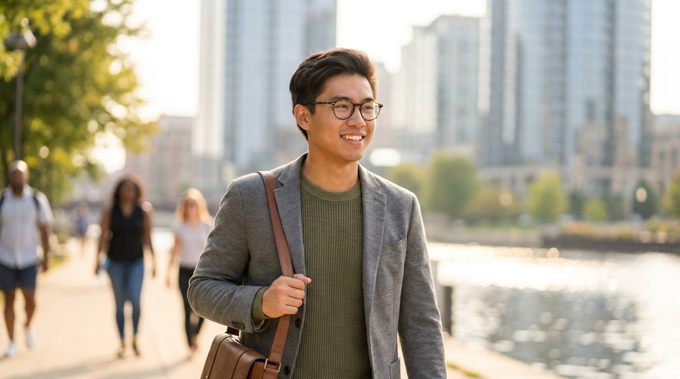Young professional walking along the Milwaukee Riverwalk on a bright August morning, wearing a light blazer over a casua