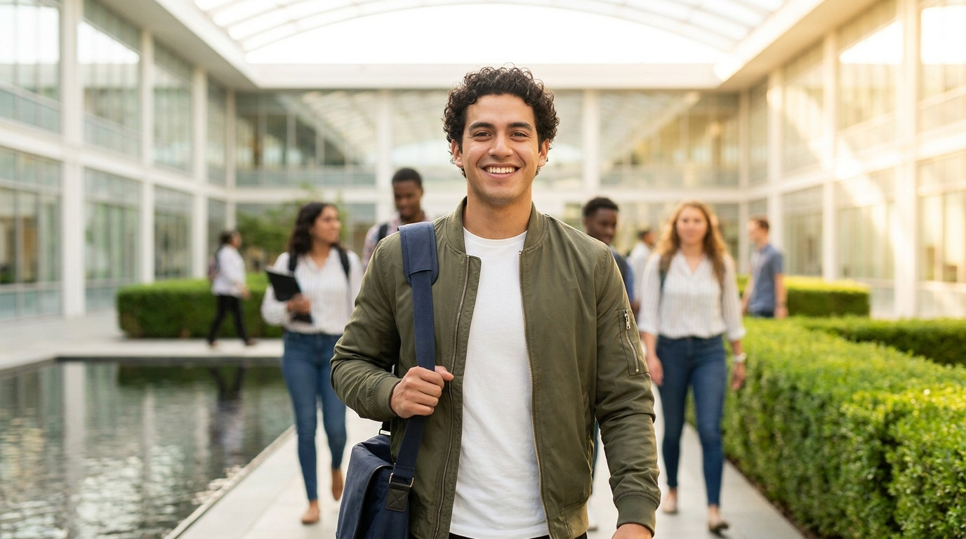 College student in a white polo and lanyard walking through the bright atrium of a glass-walled pharmaceutical campus on