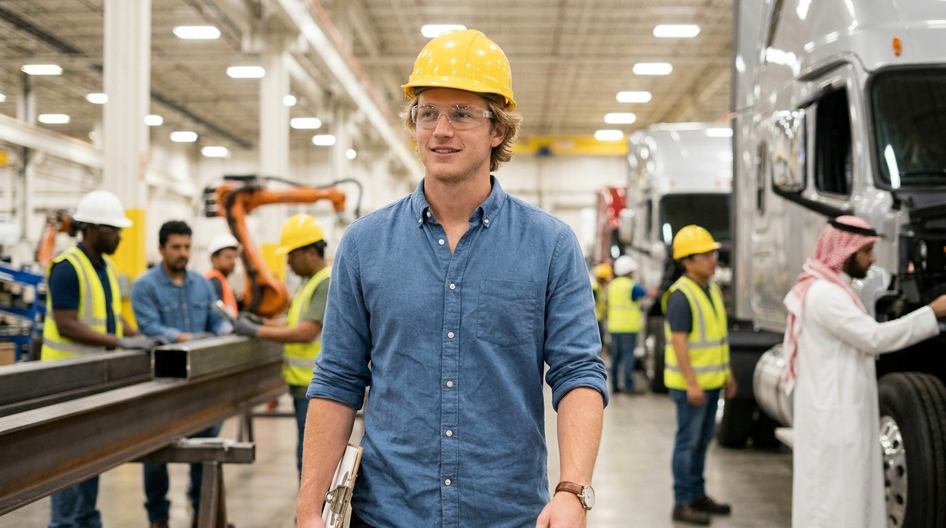College student in a hard hat and safety glasses walking through a bright modern truck assembly plant, steel beams and p