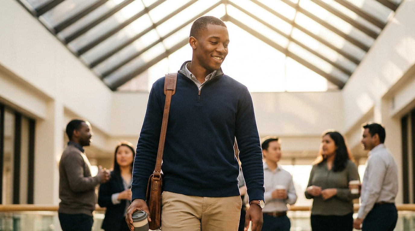 College student in a business-casual button-down and slacks walking across a modern office lobby in the Midwest on a cri