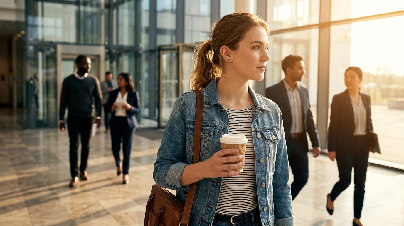College student in a navy blazer and open-collar shirt walking through the lobby of a glass-and-steel office tower on a