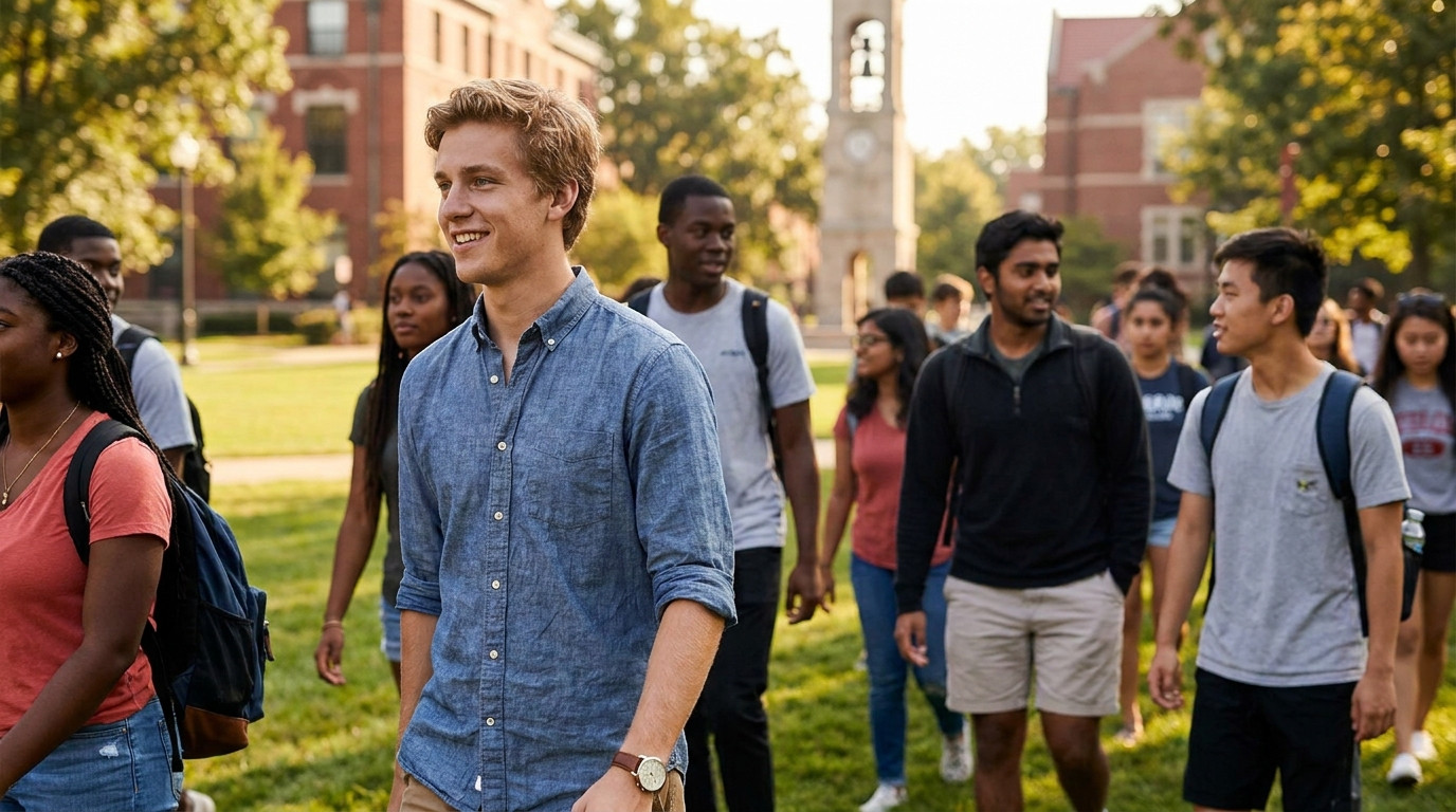College student in a navy polo and khaki slacks walking across a grassy quad on a flat Midwest university campus on a wa