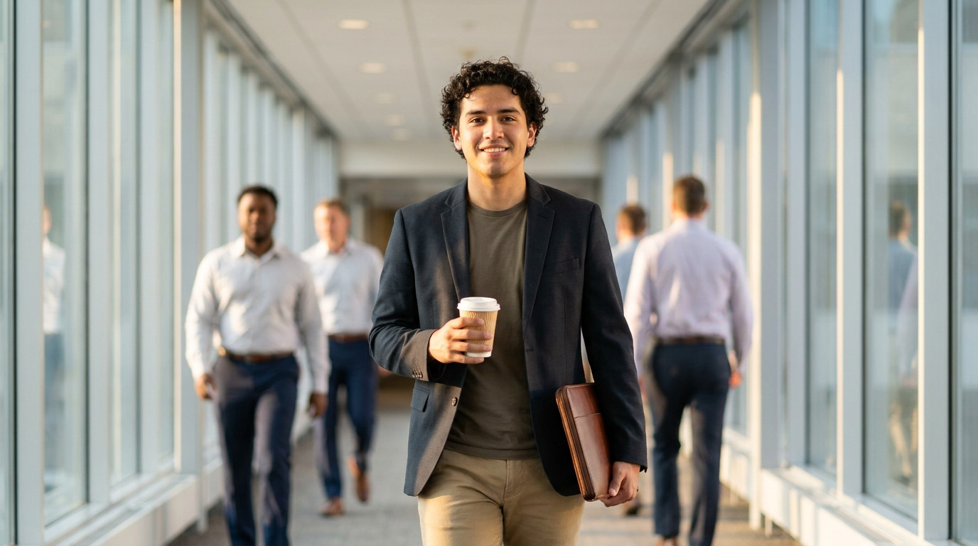 College student in a blazer and khakis walking through the skyway system of a glass-and-steel downtown Minneapolis offic