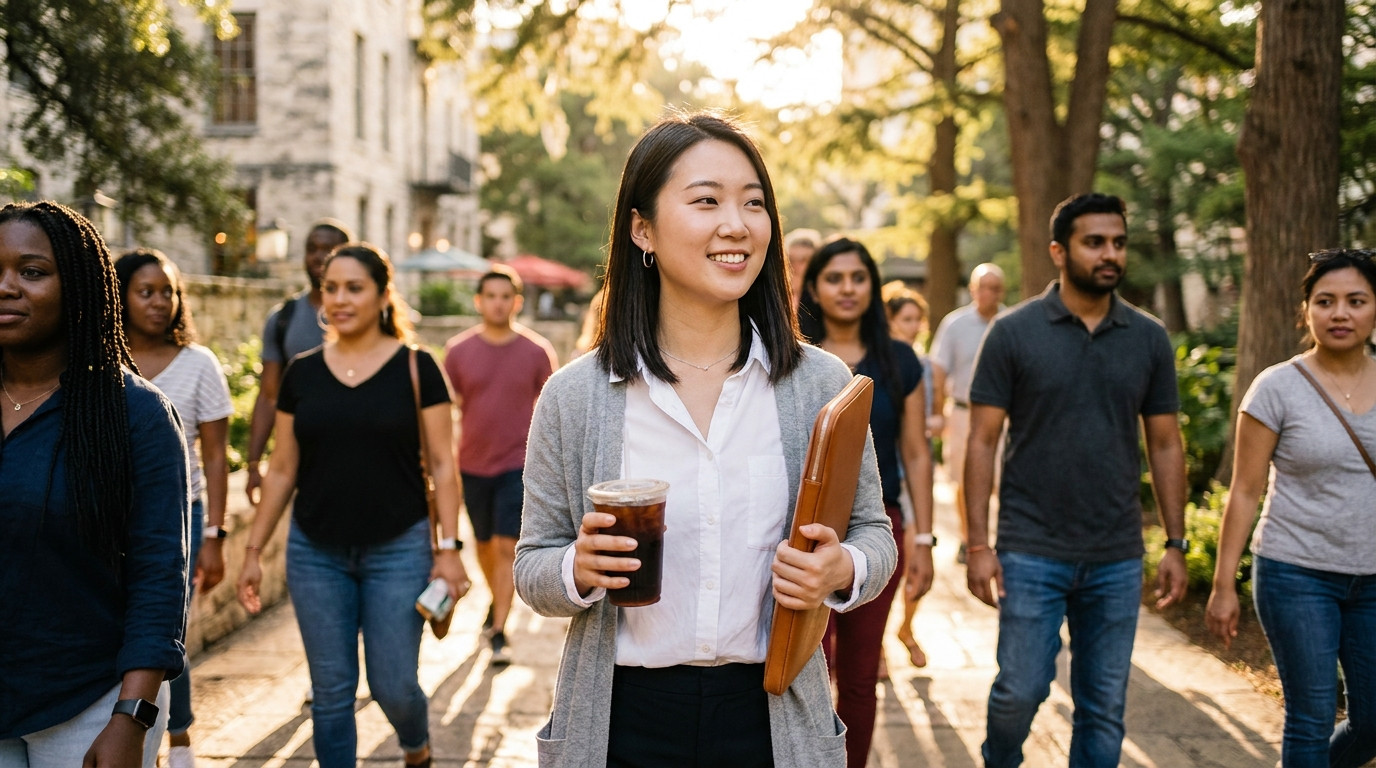 College student in a crisp button-down and slim laptop bag walking along the San Antonio River Walk on a bright July mor