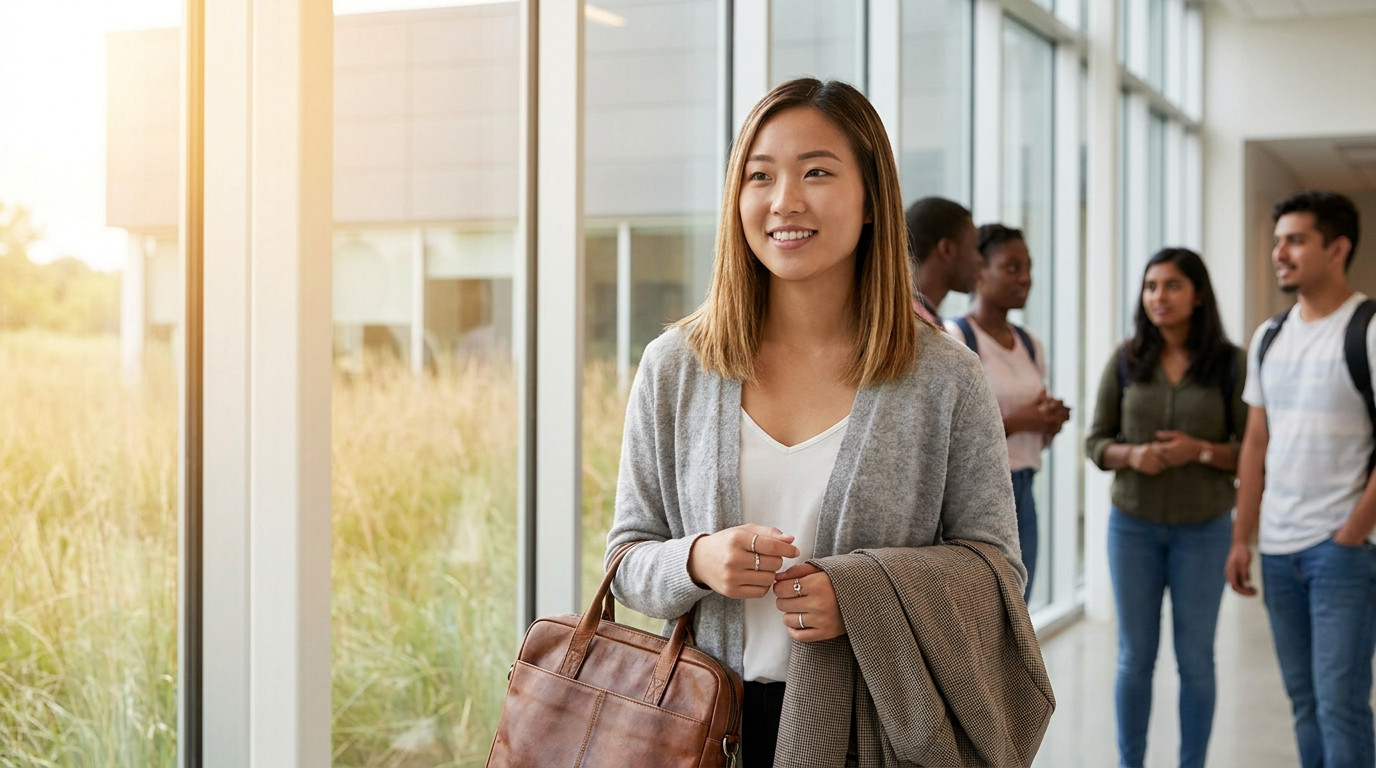 College student in a blazer and laptop bag walking through a glass-walled atrium of a suburban office campus on a bright