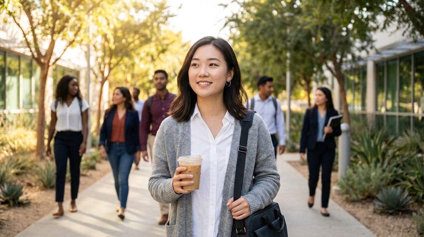 College student in a crisp button-down and messenger bag crossing a tree-lined corporate campus walkway on a clear Septe