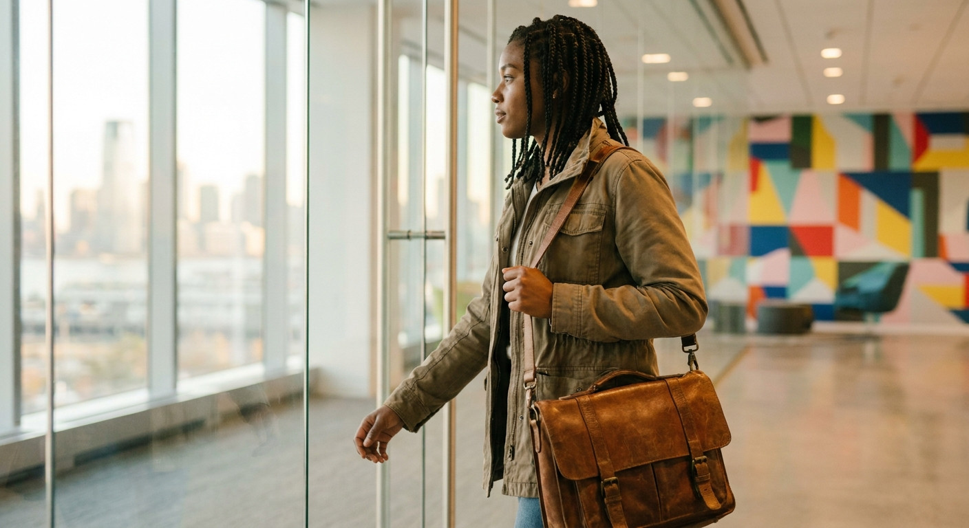 College-age intern walking into a bright open-plan tech office lobby in Jersey City on an early morning, glass walls ref
