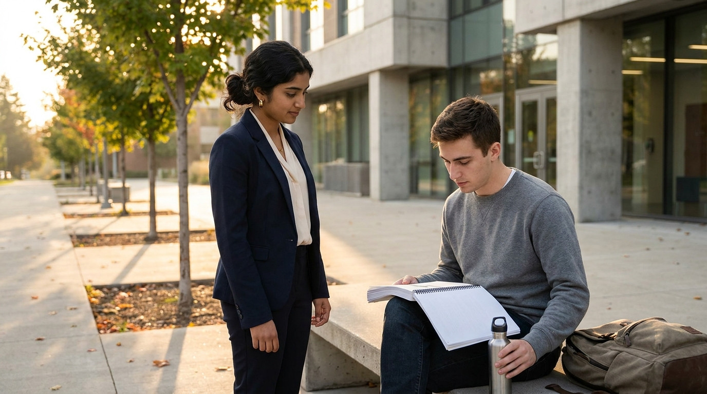 A young man in his early twenties sitting on a concrete bench outside a modern engineering building on a university camp