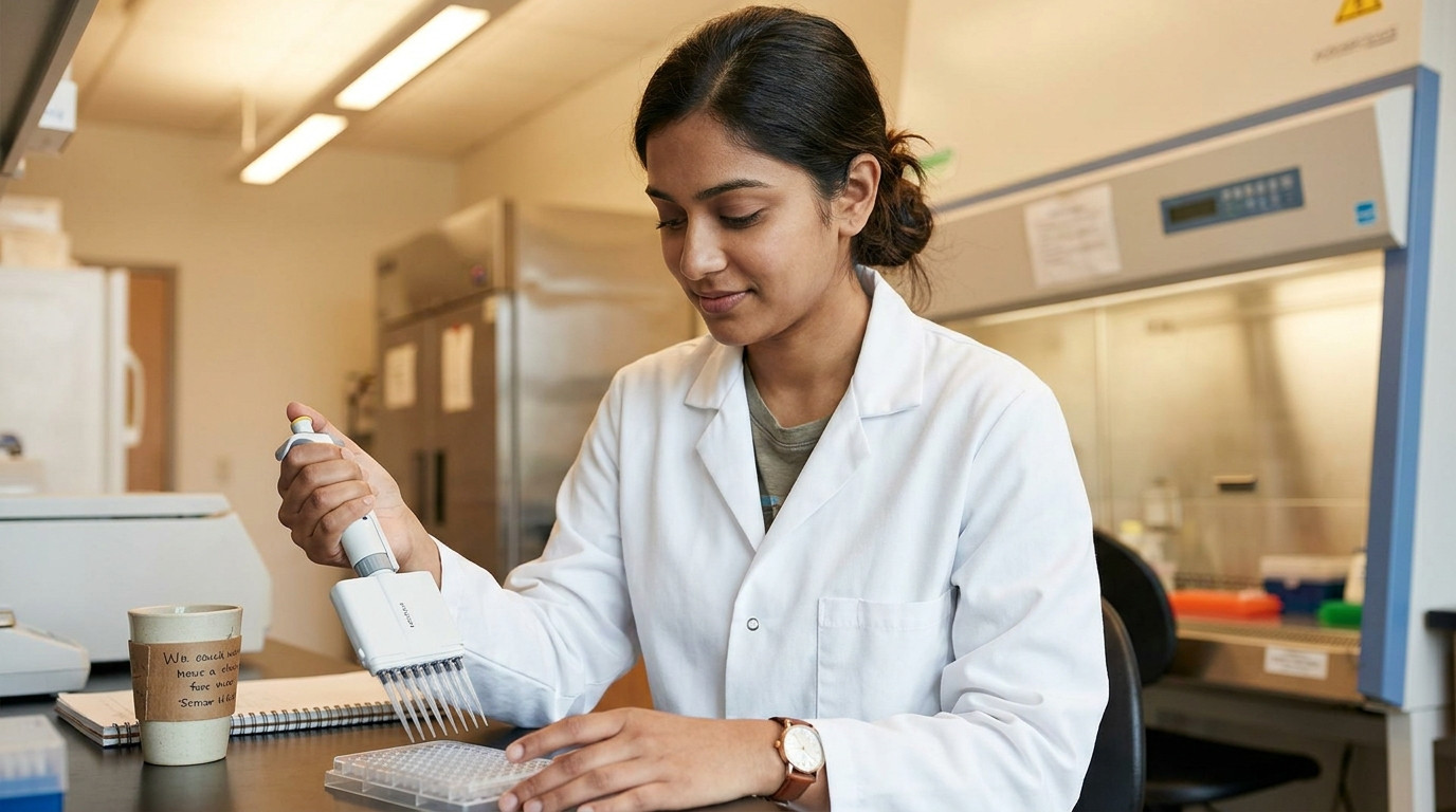 A young South Asian woman in a lab coat holding a pipette over a 96-well plate in a brightly lit biotech research lab, s