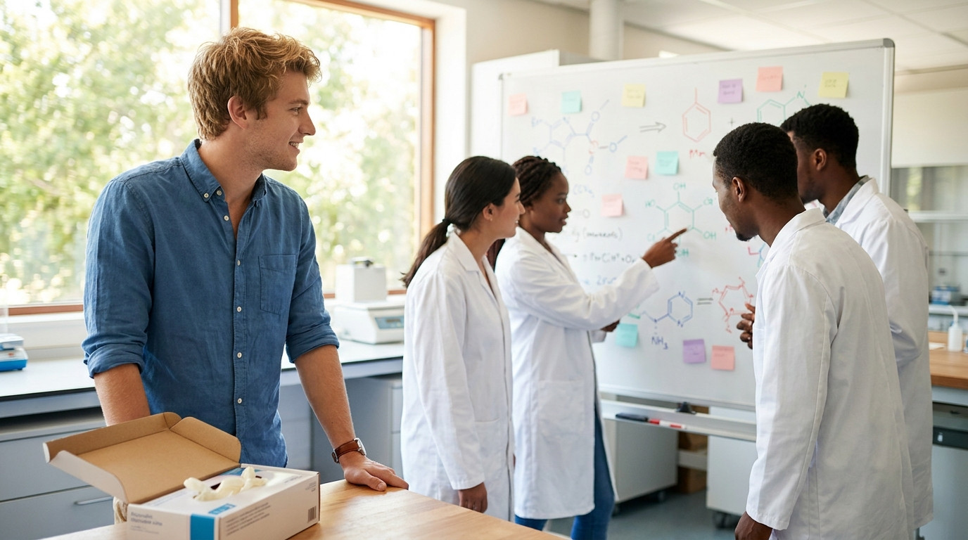 A group of four diverse interns (two women and two men, mixed ethnicities) in lab coats standing in a semicircle around