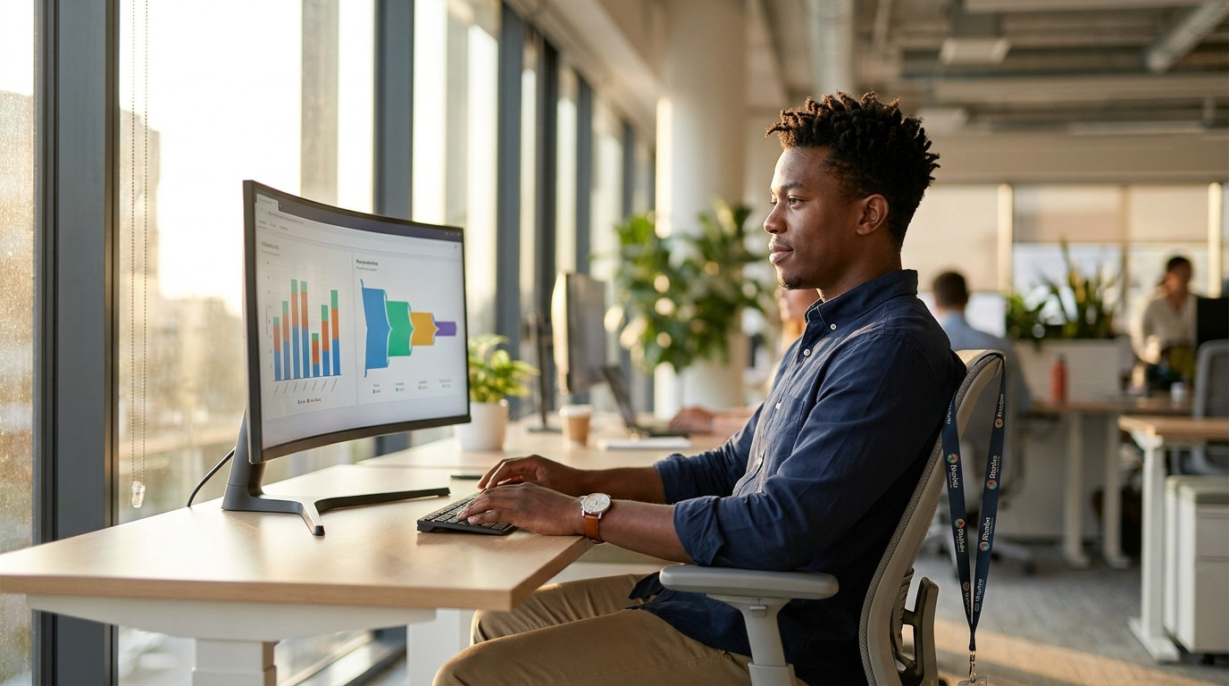 A young Black man in business casual (no lab coat) sitting at a desk in a modern open-plan pharma office, reviewing a co