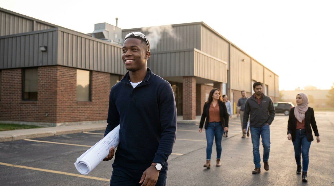College engineering student walking across a manufacturing plant parking lot toward a low industrial office building at 