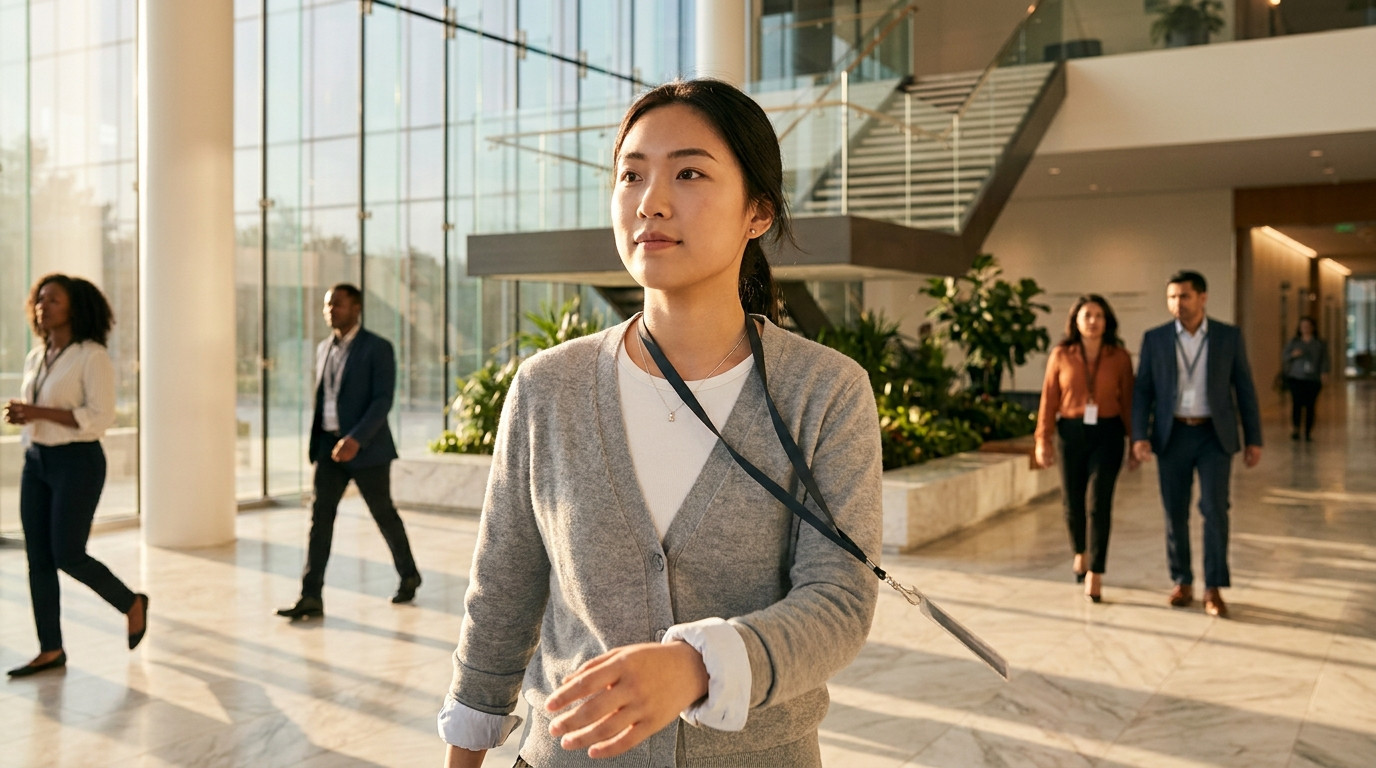 College student in business casual walking through a bright corporate lobby at a healthcare distribution company's Dubli