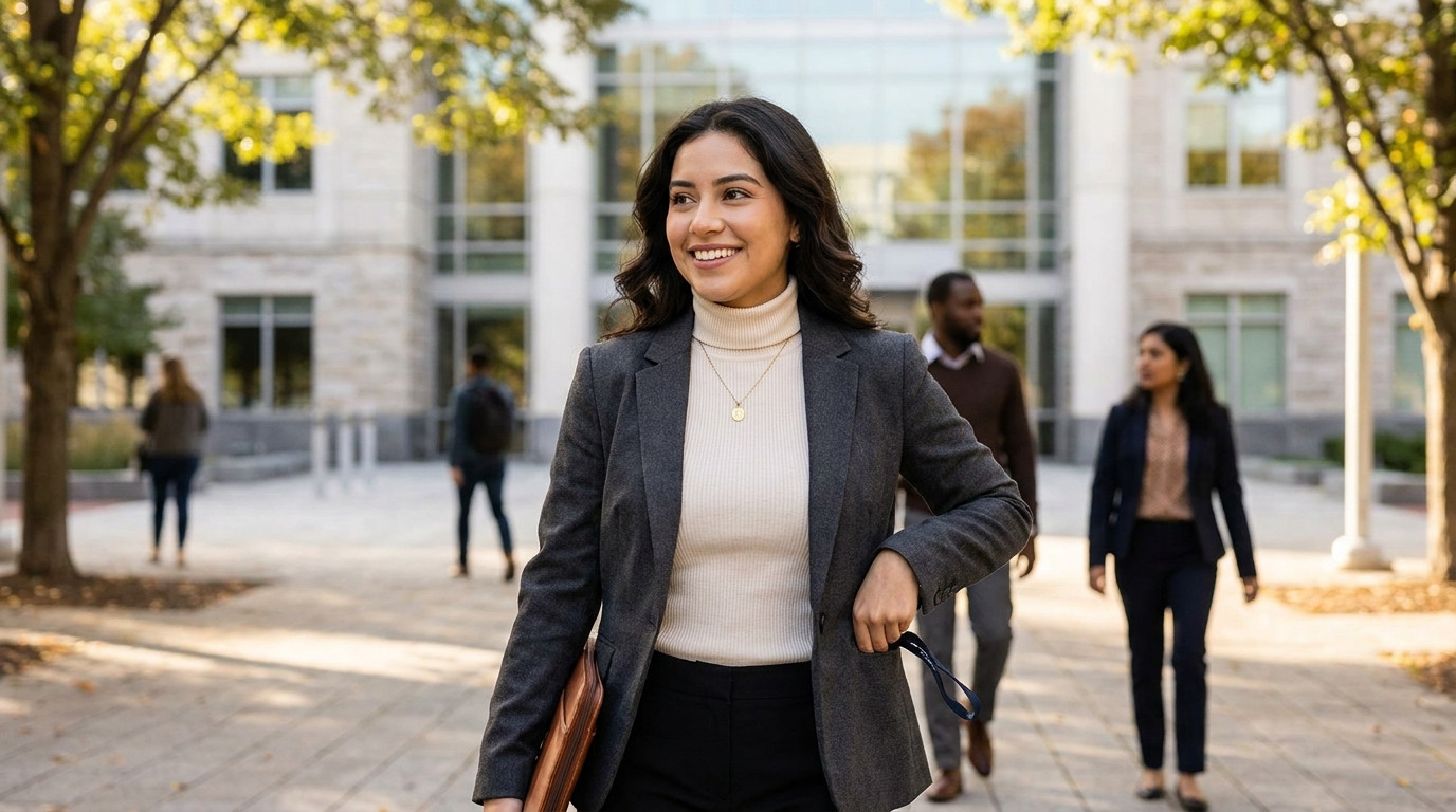 College student in a tailored blazer walking briskly across a sunlit government-campus plaza early on a weekday morning,