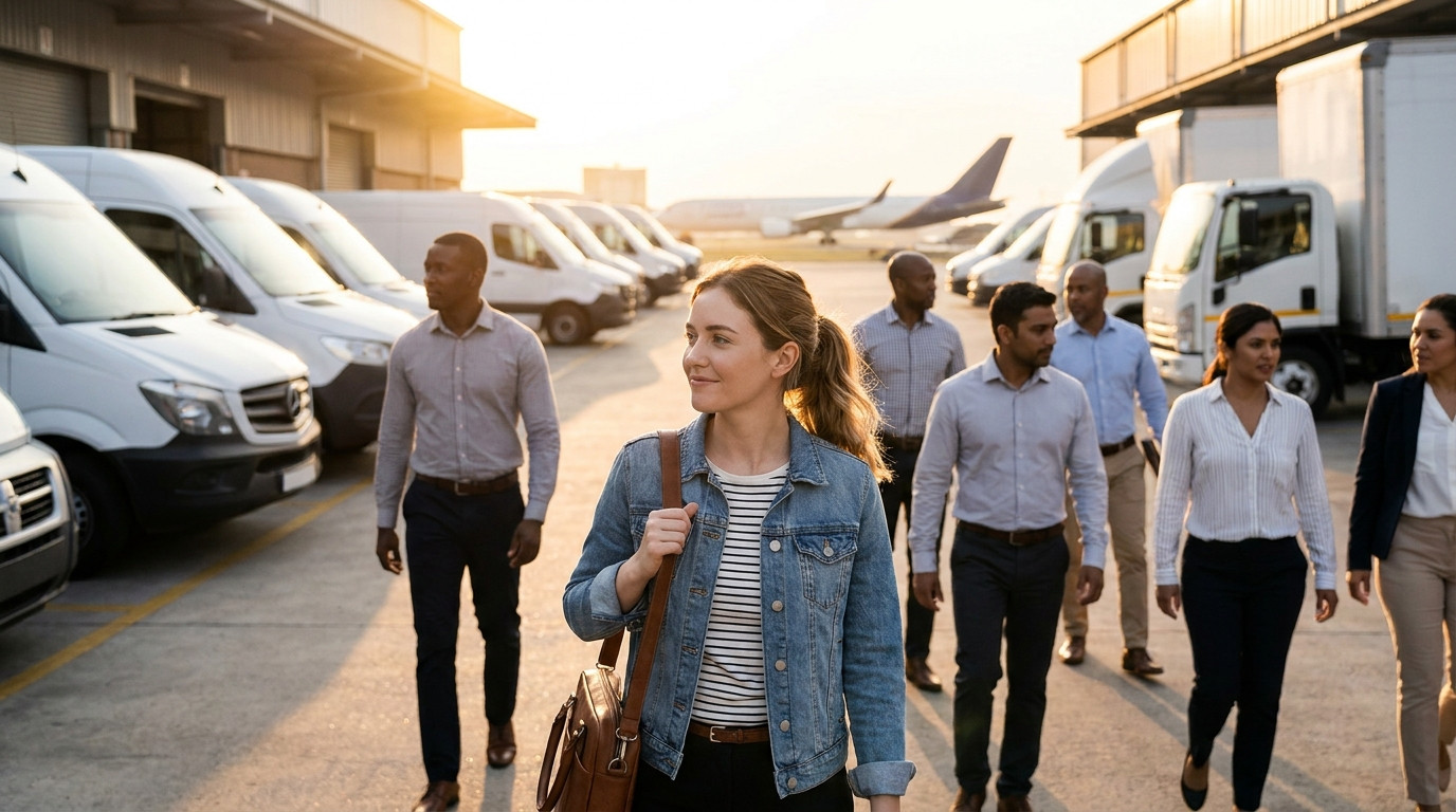 College student walking past a row of white delivery vans and cargo trucks in a logistics distribution yard at sunrise, 