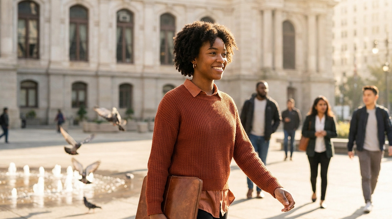 College student in business-casual attire walking briskly across a sunlit plaza toward a limestone government building w