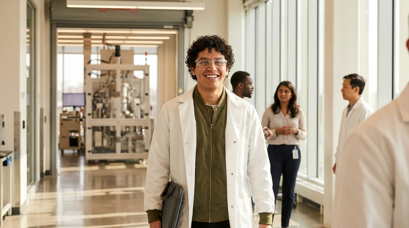 College student in safety glasses and a lab coat walking through a bright semiconductor equipment lab corridor on a clea