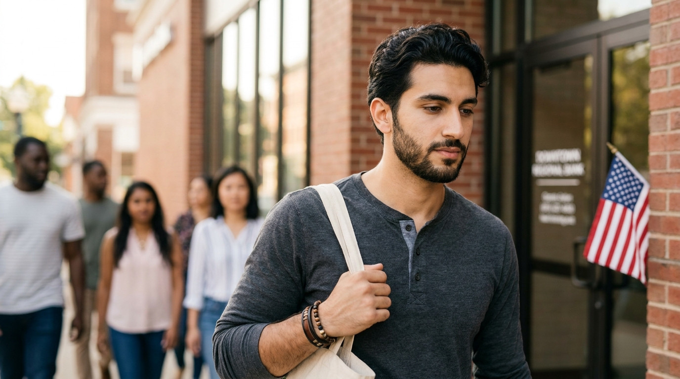 College student in business-casual attire walking into a regional bank's downtown branch on a bright morning, brick and
