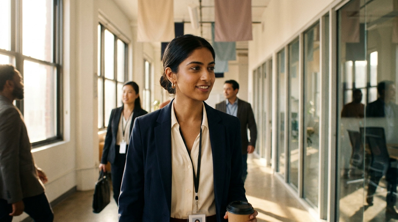 College student in business casual walking through a bright distribution-company office corridor, glass-walled meeting r