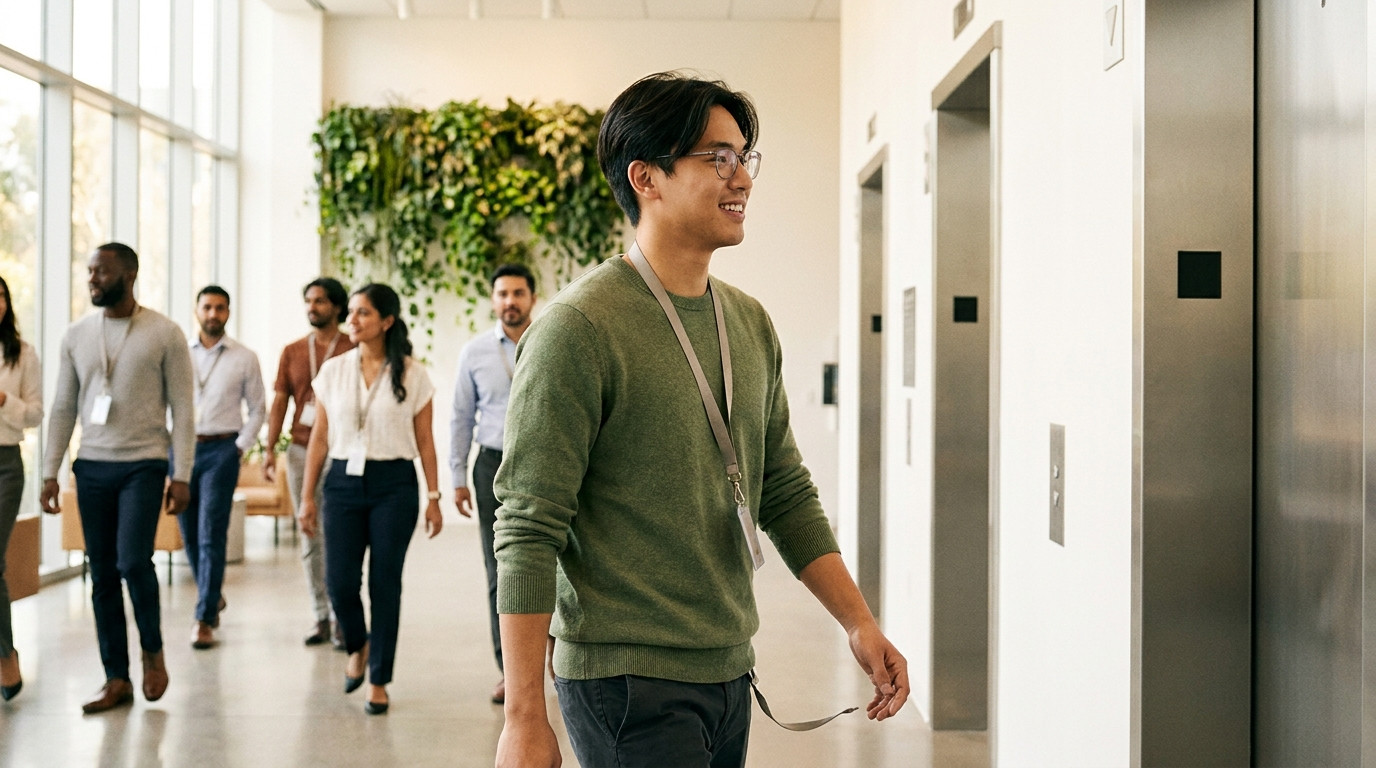 College student in business casual walking through a bright healthcare-company office lobby, floor-to-ceiling windows an