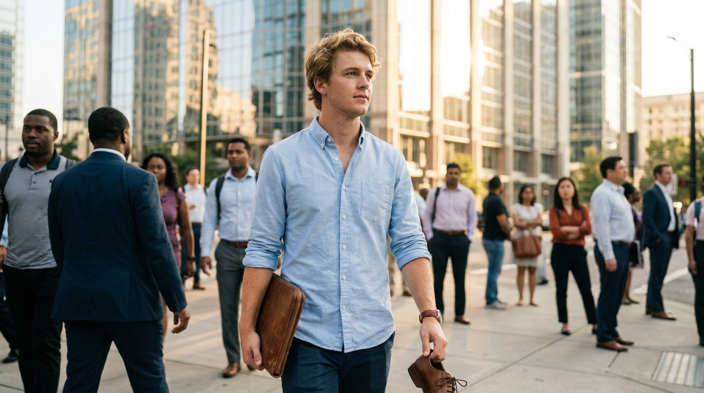 College student in business casual walking through Uptown Charlotte's financial district on a bright August morning, gla