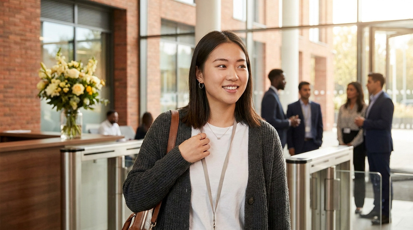 College student in business casual walking into a modern glass-and-brick corporate office lobby on a bright morning, sec
