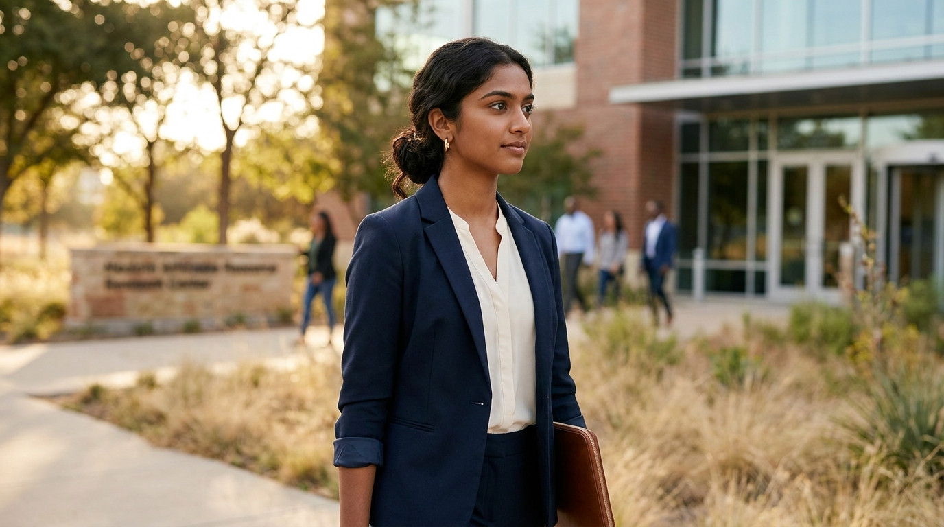 College student in business casual walking toward a modern glass-and-brick corporate campus entrance on a warm August mo