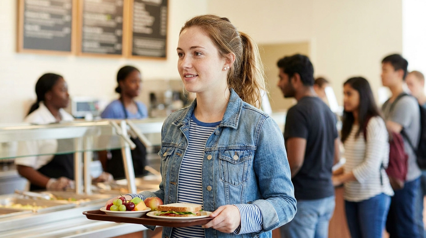 College student in a green polo and name badge working the service line in a bright university dining hall at midday, st