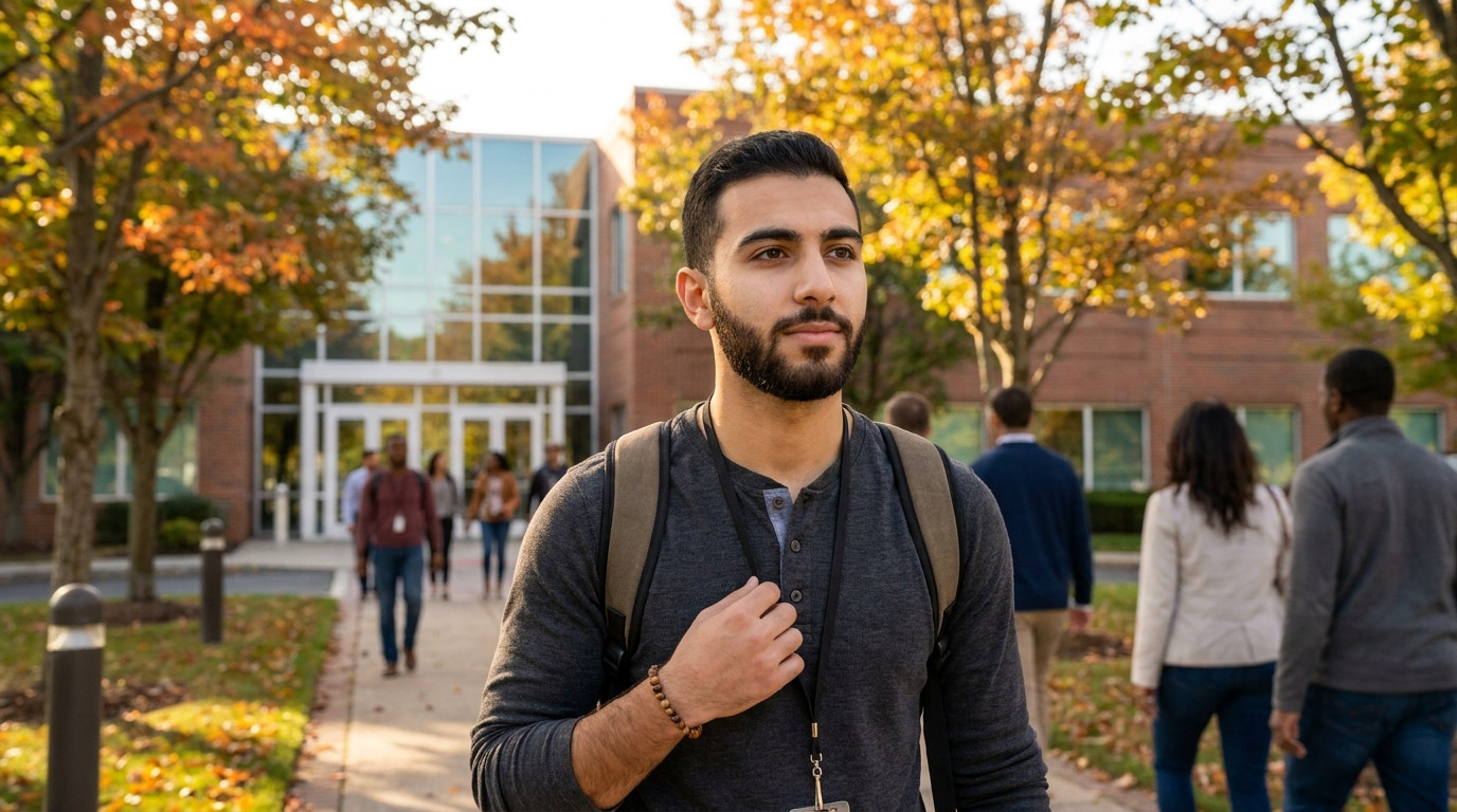 College student in business casual walking toward a modern glass-and-brick corporate campus entrance on a bright fall mo