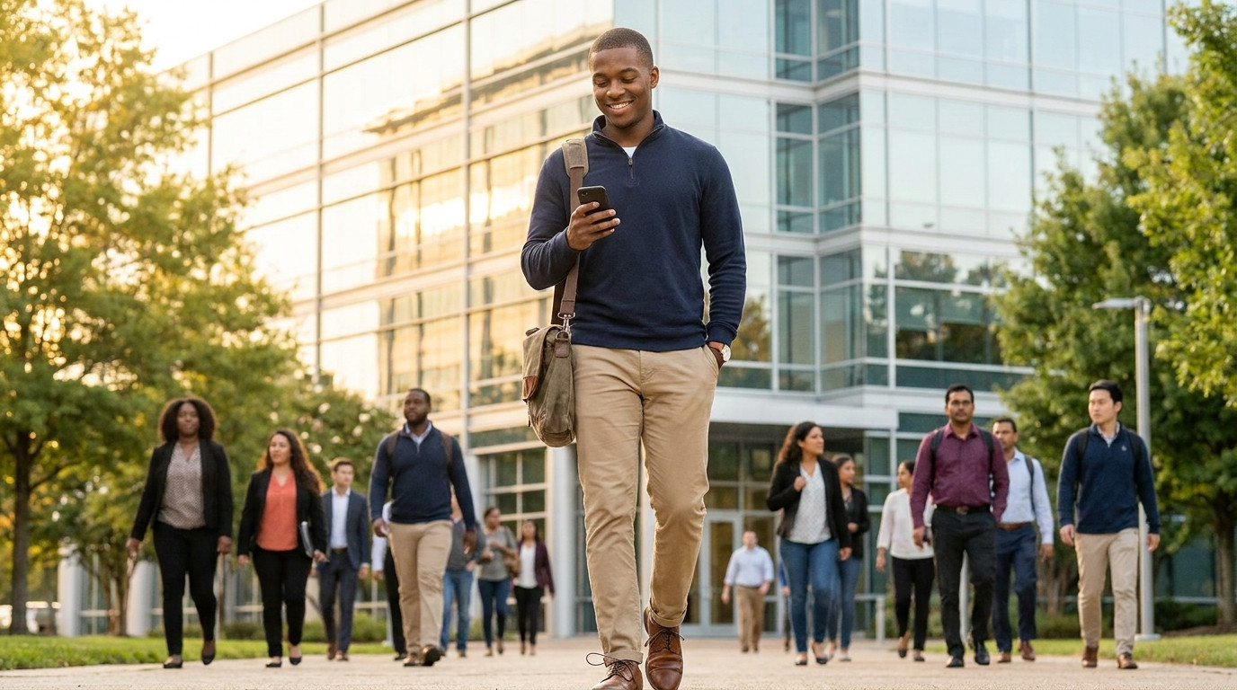 College student in business casual attire walking across a sunlit corporate office campus parking lot in Richmond, Virgi