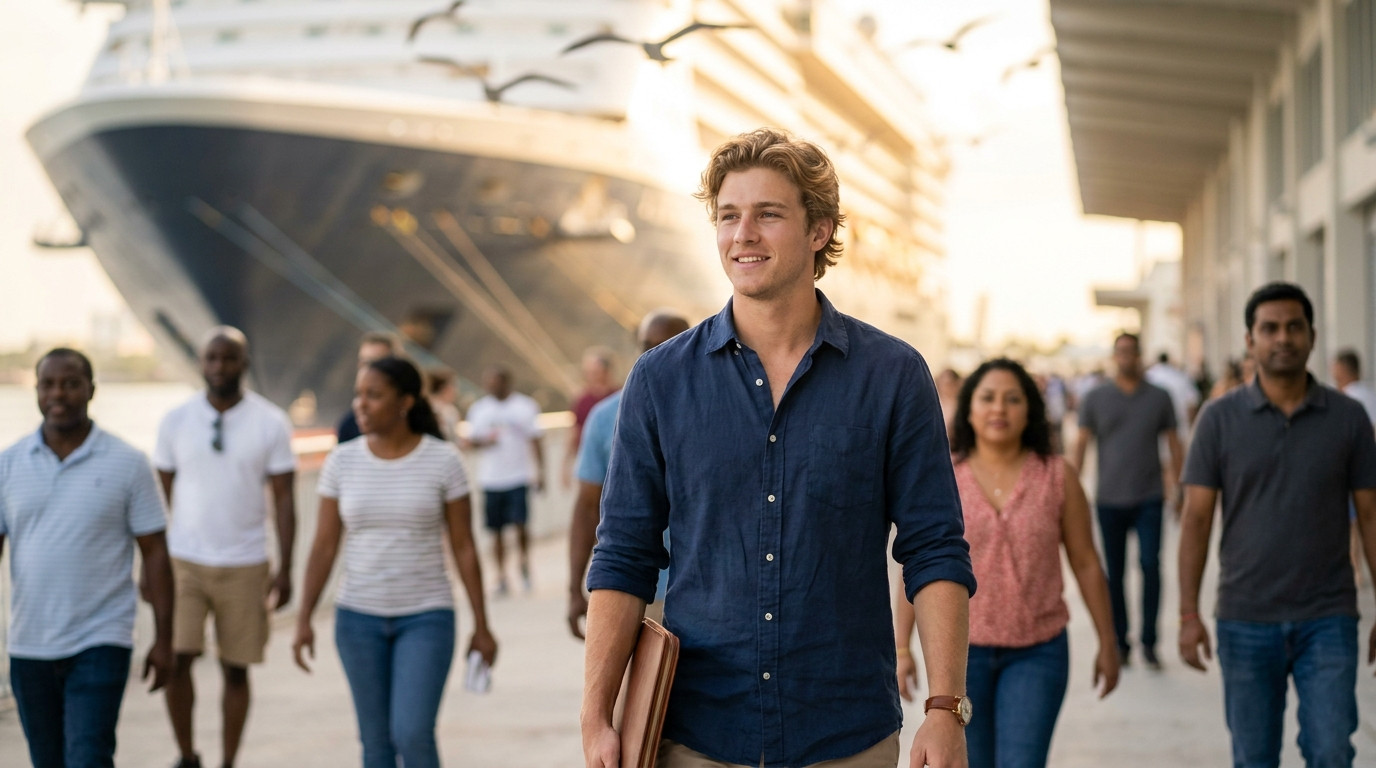 College student in business-casual attire walking along a Miami cruise terminal promenade on a bright morning, a large c