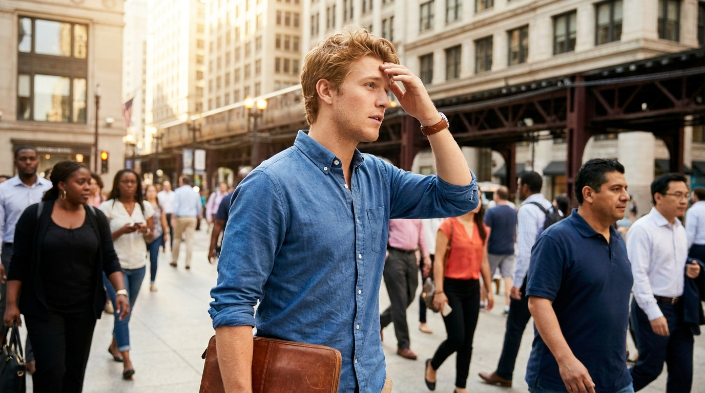 College student in business-casual clothing walking briskly across a downtown Chicago plaza on a bright weekday morning,