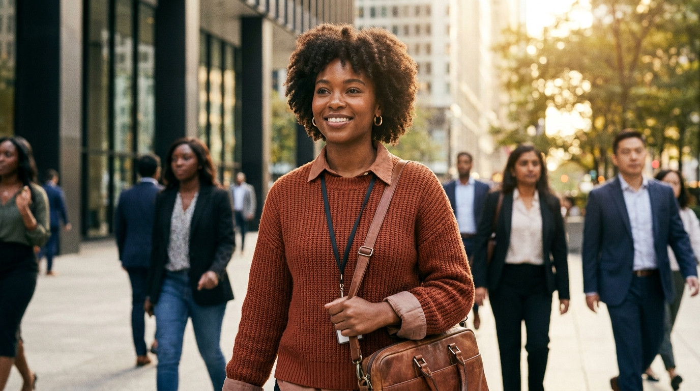 College student in business-casual attire walking across a downtown Chicago plaza on a warm morning in early June, glass