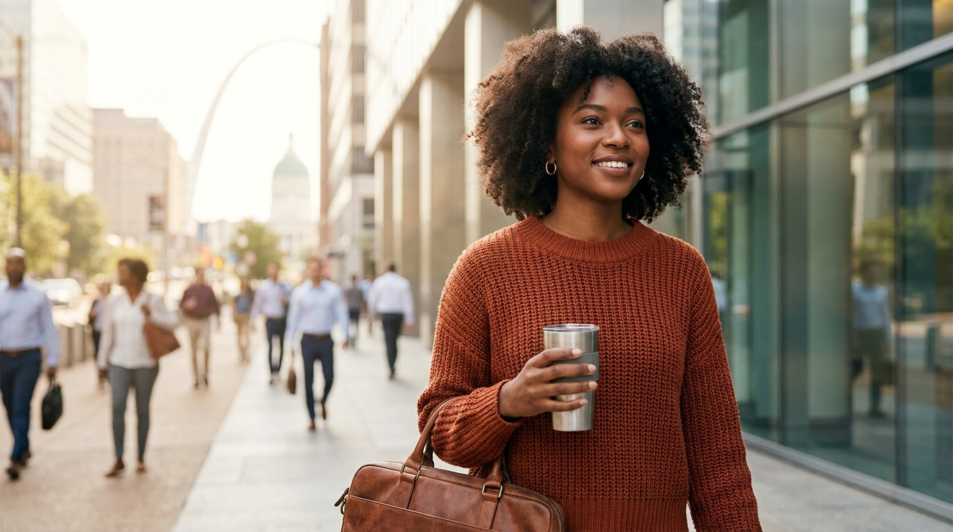 College student in business casual attire walking toward a modern glass office building in downtown St. Louis, the Gatew