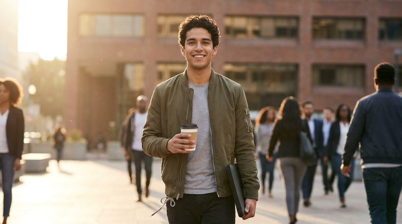 A college student in business-casual attire walking briskly across a downtown plaza toward a mid-rise office building on