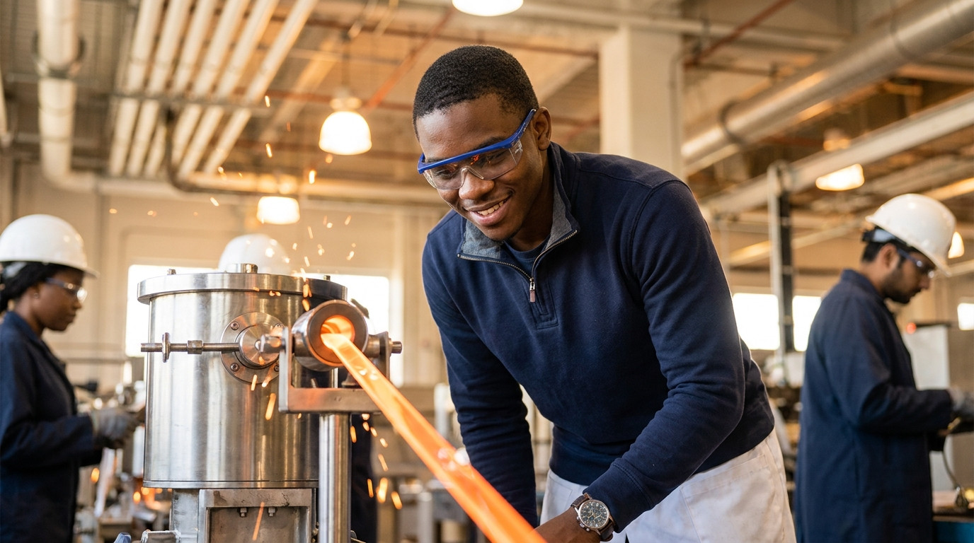 College engineering intern in blue safety glasses and a lab coat observing a bright orange-glowing glass ribbon moving t