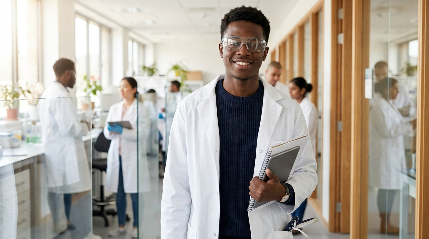 College student in safety glasses and a lab coat over a t-shirt walking down a bright biotech lab corridor, glass-walled