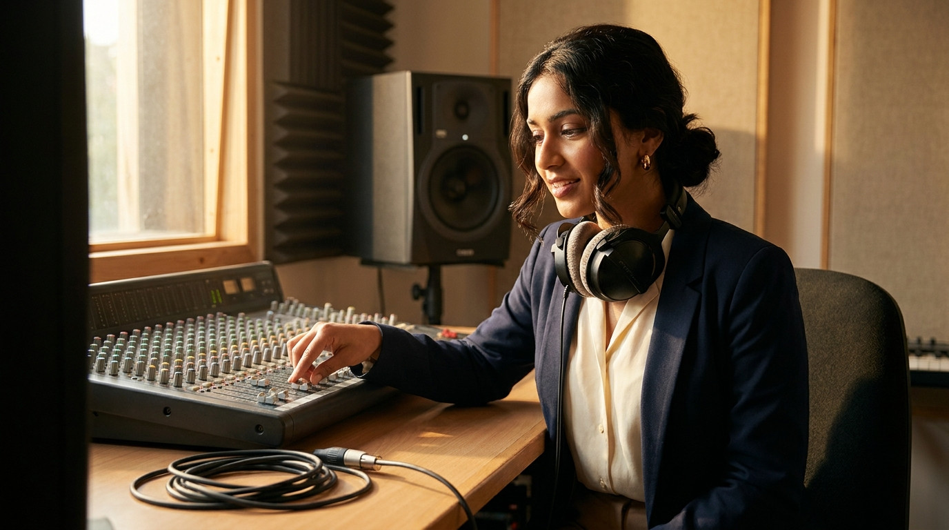 A young engineer sitting at a sound-mixing console in a professional recording studio, adjusting a fader mid-motion, hea