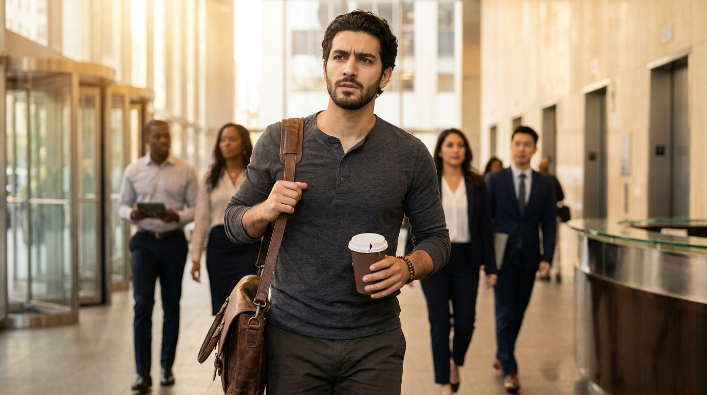 College student in business-casual clothing walking through a bright Midtown Manhattan office lobby on a weekday morning