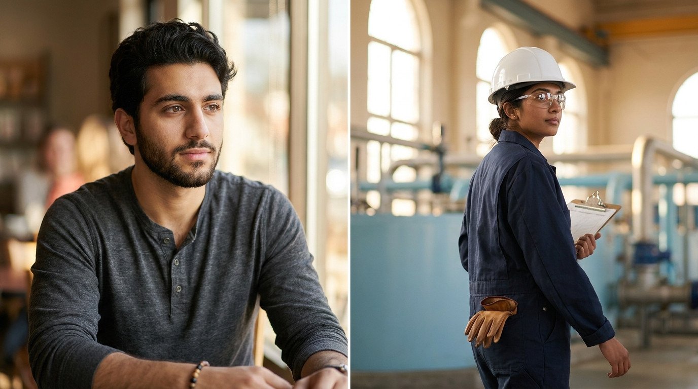 A young chemical engineering student in a hard hat and safety glasses walking through a bright industrial water-treatmen