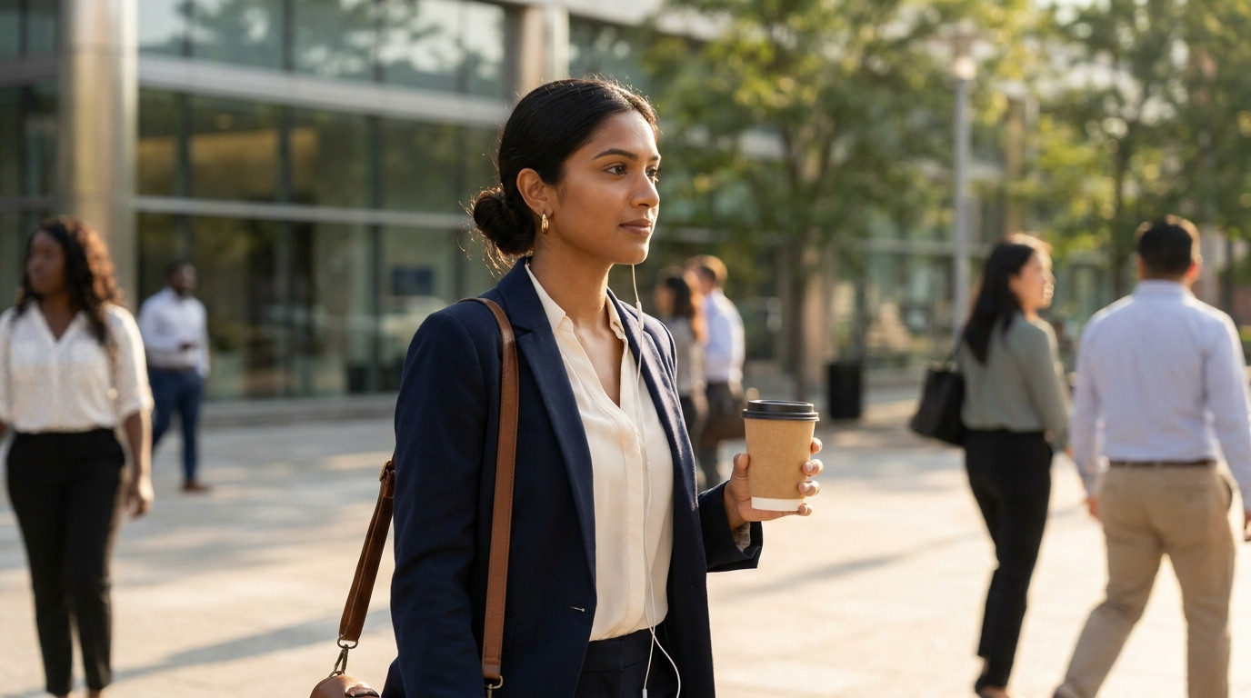 College student walking briskly across a downtown Norwalk Connecticut plaza on a bright September morning, a glass-front