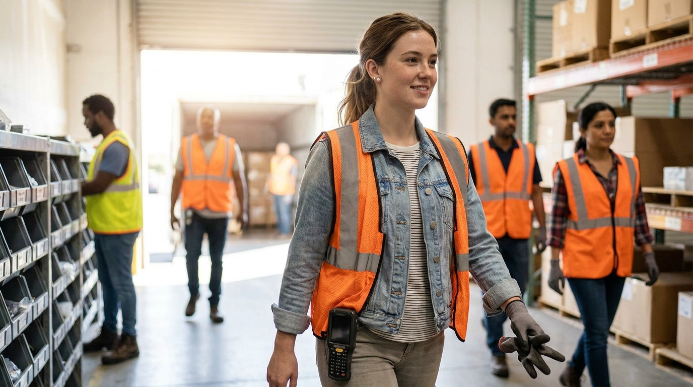 A college student in a reflective safety vest and work boots walking down a bright industrial warehouse aisle stacked wi