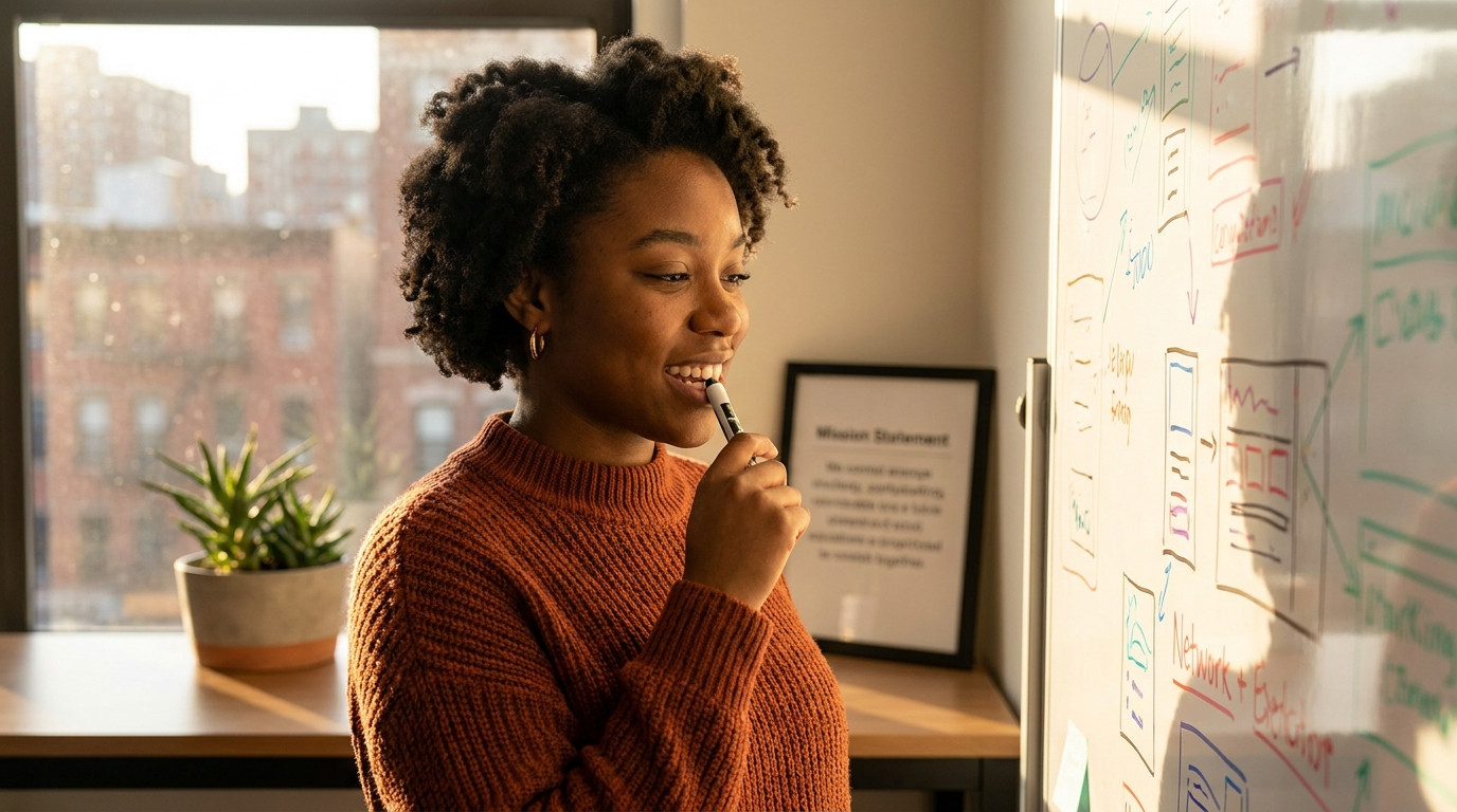 A young professional standing at a whiteboard in a small nonprofit office, sketching out a community outreach plan with