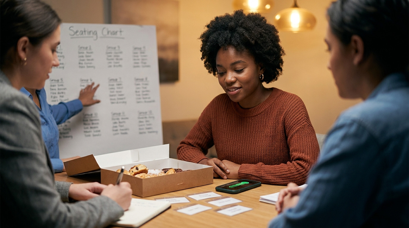 Three young professionals huddled around a table at a nonprofit gala planning meeting, one gesturing at a seating chart