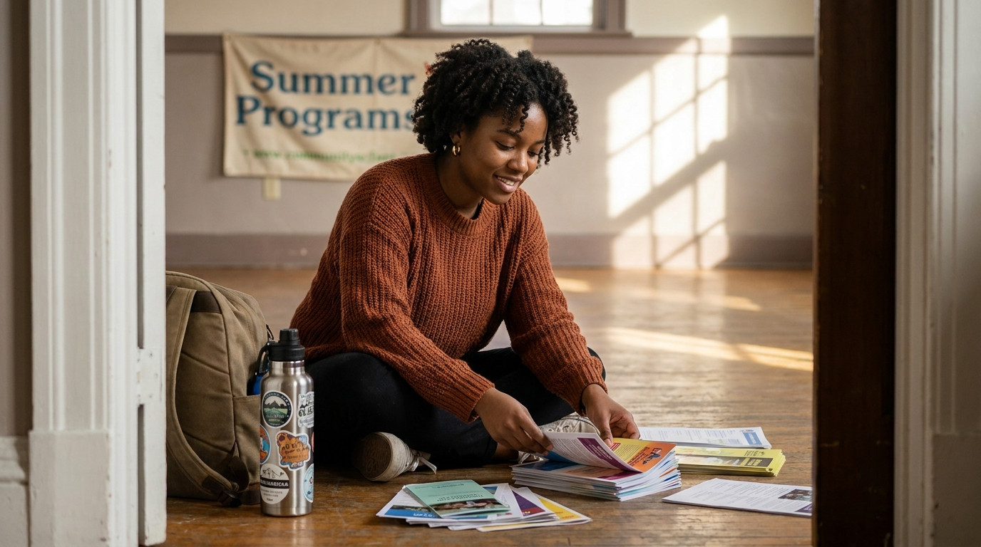 A young professional sitting cross-legged on the floor of a community center, sorting through program materials and colo