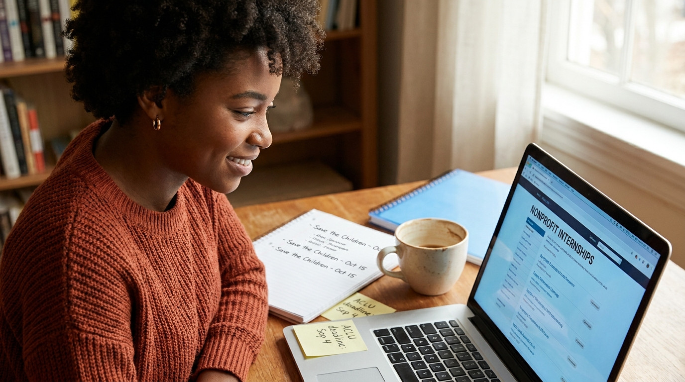 A close-up of a laptop screen showing a nonprofit job board with multiple internship listings, a half-empty coffee mug a