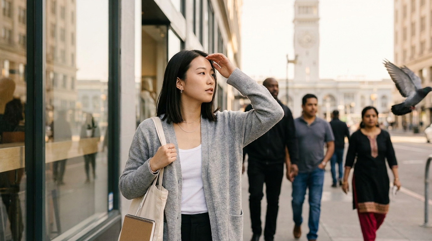 College student in a cropped denim jacket walking past a Gap storefront on a sunny San Francisco street, the Ferry Build